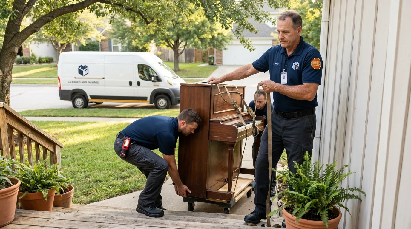 Licensed piano movers securing grand piano in Metter, GA