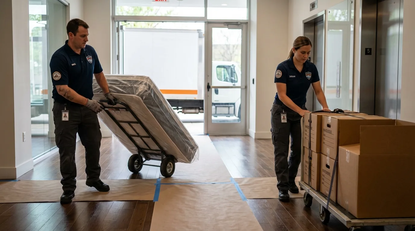Professional apartment movers loading elevator in Metter, GA